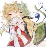  2girls animal_ears bangs cat_ears cat_tail closed_mouth crystal eyebrows_visible_through_hair flandre_scarlet green_eyes green_skirt heart heart_of_string highres holding_person komeiji_koishi looking_at_viewer multiple_girls one_eye_closed open_mouth pointy_ears red_eyes red_skirt shirt short_sleeves simple_background skirt sorani_(kaeru0768) tail third_eye touhou white_background wings wrist_cuffs yellow_shirt yuri 