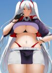  1girl absurdres axicoi azur_lane bangs black_gloves blue_sky blush breasts eyebrows_visible_through_hair from_below gloves hand_on_hip highres large_breasts long_hair looking_at_viewer multicolored_hair navel official_alternate_costume orange_eyes prinz_eugen_(azur_lane) prinz_eugen_(final_lap)_(azur_lane) race_queen silver_hair simple_background sky solo standing twintails underboob 
