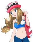  1girl bag blonde_hair blue_eyes breasts camisole denim eyewear_on_headwear hainchu hat highres jeans long_hair navel open_mouth pants pokemon pokemon_(anime) pokemon_xy_(anime) serena_(pokemon) simple_background smile solo sunglasses white-framed_eyewear white_background 