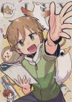  1boy 1girl bird blush brown_hair character_request city_(arawi_keiichi) eyebrows_visible_through_hair highres looking_at_viewer monkey mouse nagumo_midori open_mouth short_hair short_ponytail smile tendosora zipper zipper_pull_tab 