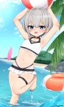  1girl absurdres armpits beach blue_eyes choker flat_chest goki_buri highres nail_polish navel rurine_luna silver_hair solo splashing swimsuit thighs toes virtual_youtuber wactor_production water 