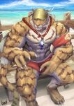  1boy abs animal_ears armband bara beach bulge crotch_grab erection erection_under_clothes feet_out_of_frame furry furry_male highres knoll_(noru_knoll) large_pectorals long_hair looking_at_viewer male_focus male_swimwear muscular muscular_male navel nipples official_alternate_costume one_eye_closed pang_(sdorica) pectorals red_male_swimwear sdorica sitting solo stomach swim_briefs thick_eyebrows thick_thighs thighs tiger_boy tiger_ears topless_male whistle whistle_around_neck 