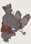  anthro black_body black_fur blue_eyes blush bottomwear breath clothed clothing felid fur hemuchang hi_res jewelry looking_at_viewer lying lying_on_ground male mammal necklace open_clothing open_shirt open_topwear pants partially_clothed shirt solo tongue tongue_out topwear 