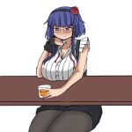  blue_hair bow breast_rest breasts corset cup deculture drinking_glass feet_out_of_frame flower glasses hair_bow hair_flower hair_ornament heather_crunch highres huge_breasts lonely original pantyhose red_eyes resting sad second-party_source sleeveless undone_necktie 