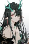  1girl absurdres arknights bangs bare_shoulders black_hair breasts commentary_request dragon_girl dragon_horns dusk_(arknights) earrings hair_over_one_eye highres horns jewelry long_hair looking_at_viewer multicolored_hair parted_lips partial_commentary pointy_ears qianzhu red_eyes saliva small_breasts solo streaked_hair upper_body white_background 