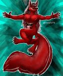  abstract_background absurd_res anthro arms_wide big_tail black_sclera canid canine canis claws digitigrade fangs fluffy fluffy_tail fur grin hair hi_res highlights_(coloring) long_hair long_tongue male mammal pawpads red_body red_fur slightly_muscular smile smirk solo stomach_mouth tongue vampirsttg varro white_eyes white_highlights wolf 