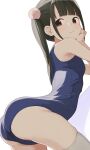  1girl ass black_eyes black_hair blue_swimsuit closed_mouth crotch eyebrows_visible_through_hair flat_chest hair_ornament hand_on_own_cheek hand_on_own_face highres hiroki_(yyqw7151) light_blush long_hair looking_back original pom_pom_(clothes) pom_pom_hair_ornament puffy_cheeks school_swimsuit swimsuit thighhighs thighs twintails white_background white_legwear 