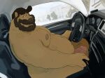 2022 alewriggle anthro beard belly big_belly car clothing detailed_background driving erection facial_hair genitals hat headgear headwear hi_res humanoid_genitalia humanoid_hands humanoid_penis inside_car male mammal mature_male moobs nipples overweight overweight_male penis solo ursid vehicle 