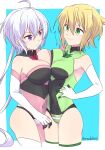  2girls akatsuki_kirika asymmetrical_docking blonde_hair breast_press breasts covered_navel elbow_gloves gloves green_eyes highres large_breasts leotard medium_breasts multiple_girls purple_eyes randoruto-kan senki_zesshou_symphogear smile thighhighs yukine_chris 