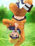  1boy a_ta309 abs blonde_hair blue_eyes blue_sky bush clothes_lift cloud cloudy_sky commentary_request day evil_grin evil_smile facial_mark forehead_protector full_body grass grin highres looking_at_viewer magic male_focus midriff_peek naruto_(series) navel ninja orange_pants pants sandals shirt_lift short_hair sky smile solo straight-on sunlight teeth thigh_strap upside-down uzumaki_naruto whisker_markings 