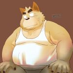  2022 anthro belly big_belly black_nose canid canine canis clothing domestic_dog humanoid_hands kemono male mammal mature_male overweight overweight_male shirt simple_background sitting solo topwear toshi_(artist) 