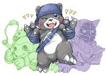  2022 4_fingers anthro bandai_namco bearmon biped black_body black_nose blush chibi clothing digimon digimon_(species) fingers group hat headgear headwear kemono one_eye_closed paws roostax_wilddog unknown_character white_body wink 