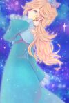  1girl agisato aqua_dress aqua_eyes blonde_hair crown dress earrings from_side hair_over_one_eye jewelry long_hair mario_(series) princess rosalina solo space star_(sky) super_mario_galaxy tiara wavy_hair 