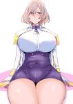  1girl blue_eyes breasts corset curvy epaulettes gloves gridman_universe hair_between_eyes huge_breasts invisible_chair jacket jiseki light_brown_hair looking_at_viewer military_jacket mujina narrow_waist necktie purple_corset purple_shorts short_hair short_necktie shorts sitting solo ssss.dynazenon striped_necktie thick_thighs thighs white_gloves white_jacket wide_hips 