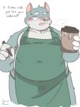  2022 anthro apron belly big_belly black_nose blush bodily_fluids canid canine canis clothing cum domestic_dog english_text genital_fluids hi_res humanoid_hands jamiephut kemono male mammal overweight overweight_male simple_background solo text 