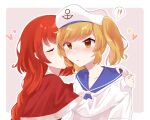  2girls anchor_symbol blonde_hair blush braid capelet closed_mouth commentary_request embarrassed hat heart highres kiss kitashirakawa_chiyuri long_hair milll_77 multiple_girls okazaki_yumemi red_capelet red_hair sailor sailor_collar sailor_hat sailor_shirt shirt short_sleeves touhou touhou_(pc-98) twintails two_side_up white_shirt yellow_eyes 