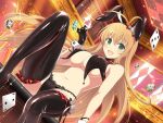  1girl animal_ears antenna_hair bikini black_bikini black_hair black_legwear blonde_hair breasts casino crossover fake_animal_ears fang gloves green_eyes groin hair_ornament highleg holding ikkitousen indoors jewelry large_breasts long_hair long_sleeves navel official_art rabbit_ears senran_kagura senran_kagura_new_link sitting solo sonsaku_hakufu swimsuit thighhighs v wrist_cuffs yaegashi_nan 