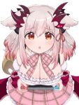  1girl :o bangs blush breasts cleavage controller eyebrows_visible_through_hair game_controller holding holding_controller holding_game_controller honey_strap horns large_breasts long_hair looking_at_viewer multicolored_hair open_mouth pink_hair red_eyes solo suou_patra tamotsu_(mary) virtual_youtuber 