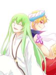  blonde_hair cloak earrings enkidu_(fate) fate/grand_order fate_(series) gilgamesh_(caster)_(fate) gilgamesh_(fate) green_hair hat jewelry red_eyes rokki_hero smile white_cloak 