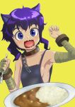  1girl alternate_hair_color animal_ears apron armpits bandaged_arm bandaged_hand bandages bare_shoulders black_apron blue_eyes blush breasts cat_ears cat_girl chain choker cuffs curry curry_rice eyebrows_visible_through_hair fangs food fran_(tensei_shitara_ken_deshita) hands_up holding holding_spoon light_blush looking_at_food medium_hair naked_apron open_mouth plate purple_hair rice saliva shiny shiny_hair sideboob simple_background small_breasts spoon tensei_shitara_ken_deshita tongue user_cuun5275 yellow_background 