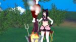  1girl 3d :d animal_ears bare_shoulders black_gloves black_hair black_shorts blue_eyes blue_sky bone boned_meat branch breasts cat_ears cat_girl clear_sky cooking feet_out_of_frame fingerless_gloves fire food fran_(tensei_shitara_ken_deshita) gloves hair_between_eyes hand_on_hip hand_up highres holding holding_bone holding_food kirbro leaf looking_away meat medium_hair midriff navel open_mouth outdoors shiny shiny_hair shorts sky small_breasts smile solo standing steam stomach teeth tensei_shitara_ken_deshita thighhighs tongue tree upper_teeth v-shaped_eyebrows white_legwear 