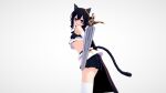  1girl 1other 3d alternate_eye_color animal_ears arm_behind_head arm_up bare_shoulders black_cloak black_gloves black_hair black_shorts black_tail breasts bright_pupils cat_girl cat_tail cloak earrings feet_out_of_frame fingerless_gloves fran_(tensei_shitara_ken_deshita) from_below from_side gloves gold_earrings hair_between_eyes hand_on_hip hand_up head_tilt holding holding_sword holding_weapon jewelry korean_commentary looking_at_viewer looking_down looking_to_the_side medium_hair midriff o0o_(pixiv_58838089) purple_eyes shishou_(tensei_shitara_ken_deshita) shorts simple_background small_breasts stomach sword tail tensei_shitara_ken_deshita thighhighs thighs weapon white_background white_legwear white_pupils 