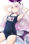  1girl absurdres armpits blue_archive blush highres hina_(blue_archive) horns long_hair looking_at_viewer name_tag neru one-piece_swimsuit pink_eyes pout purple_eyes school_swimsuit simple_background solo swimsuit thighhighs upper_body whistle whistle_around_neck white_hair wings 