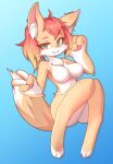  anthro big_breasts blue_background breasts canid canine curvy_figure eyebrows female fox fur gesture green_eyes hair hi_res mammal orange_body orange_fur pink_nose red_eyebrows red_hair simple_background smile solo sonawill v_sign wide_hips 