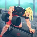  1boy bench blonde_hair closed_eyes dumbbell exercise gym heyjay ken_masters male_focus mismatched_eyebrows muscular muscular_male one_knee ponytail red_shorts shirt shorts solo street_fighter street_fighter_v sweat t-shirt thick_eyebrows tight tight_shirt weightlifting 