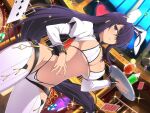  1girl ahoge animal_ears antenna_hair bikini black_hair bow bowtie breasts casino crossover fake_animal_ears groin hair_ornament hair_over_one_eye highleg holding ikkitousen indoors jewelry juliet_sleeves kan&#039;u_unchou large_breasts long_hair long_sleeves navel official_art playboy_bunny puffy_sleeves purple_hair rabbit_ears senran_kagura senran_kagura_new_link solo standing swimsuit tray white_bikini white_legwear wrist_cuffs yaegashi_nan 