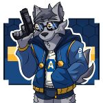  anonymax anthro canid canine canis clothing e621 eyewear fur grey_body grey_fur gun male mammal max_(anonymax) ranged_weapon solo sunglasses underwear weapon wolf 