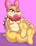  2022 4_toes absurd_res accessory anthro barefoot blue_eyes breasts featureless_breasts feet female foot_focus hair_accessory hair_bow hair_ribbon hi_res humanoid_feet jewelry koopa koopaling lipstick makeup mario_bros necklace nintendo nude one_eye_closed ribbons scalie seishinashi shell sitting soles solo toes video_games wendy_o._koopa wink 