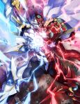  1boy absurdres blue_eyes boosted_gear cape electricity energy fantasia_re:build high_school_dxd highres hyoudou_issei looking_at_viewer male_focus official_art open_hands orb power_armor solo white_cape 