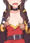  1girl breasts breasts_out brown_hair choker clothes_pull disembodied_limb fingerless_gloves gloves head_out_of_frame highres kono_subarashii_sekai_ni_shukufuku_wo! long_hair megumin morisobo nipples no_bra open_mouth simple_background small_breasts top_pull white_background 