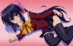  1girl blue_hair blush bow breasts hair_bow isono_satoshi large_breasts long_hair lying noihara_himari official_art omamori_himari on_side parted_lips ponytail purple_eyes school_uniform skirt smile solo thighhighs very_long_hair zettai_ryouiki 