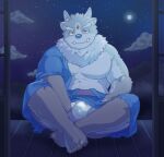  2022 anthro belly big_belly bulge clothing cloud humanoid_hands kemono kumatugu lifewonders male moon night outside overweight overweight_male robe sitting solo star tokyo_afterschool_summoners tsathoggua underwear video_games 