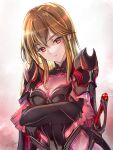  1girl absurdres armor artist_name black_gloves breasts clear_glass_(mildmild1311) cleavage cleavage_cutout clothing_cutout collarbone crossed_arms elbow_gloves eyebrows_visible_through_hair fire_emblem fire_emblem:_genealogy_of_the_holy_war gloves highres lachesis_(fire_emblem) looking_at_viewer medium_breasts official_alternate_costume red_eyes serious sheath sheathed shiny short_sleeves shoulder_armor signature solo sword tight upper_body weapon 
