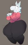  anthro balls big_bulge black_bottomwear black_clothing black_pants bottomwear bulge clothing curvy_figure elchilenito fur furred_kobold genitals hi_res huge_bulge kobold looking_aside male neck_tuft pants red_clothing red_sweater red_topwear snoot_(trinity-fate62) solo sweater thick_thighs topwear tuft voluptuous white_body white_fur wide_hips 