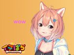  1girl :3 animal_ears antenna_hair april_fools blush brown_eyes collar commentary dog_ears dog_girl doge english_text hair_ornament hairclip himawari_(inupara) inupara jacket meme official_art orange_hair sayori_(neko_works) shiba_inu simple_background solo thick_eyebrows upper_body 