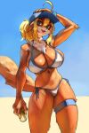  1girl ahoge animal_ears arm_up artoria_pendragon_(fate) bangs bare_shoulders baseball_cap beach beer_can bikini blonde_hair blue_eyes blue_headwear breasts bright_pupils can cleavage commentary cosplay cowboy_shot day english_commentary eu03 fang fox_tail furry furry_female hair_between_eyes hand_on_headwear hat highres holding holding_can large_breasts long_hair looking_at_viewer mysterious_heroine_x_(fate) mysterious_heroine_x_(fate)_(cosplay) navel open_mouth original outdoors ponytail side-tie_bikini sidelocks simple_background smile snout solo standing swimsuit tail thigh_strap underboob white_bikini white_pupils wristband 