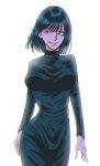  1girl absurdres artist_request bangs bob_cut dark_green_hair dress fubuki_(one-punch_man) green_dress green_eyes green_hair grin highres one-punch_man short_hair smile solo straight_hair 