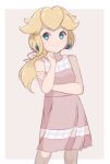  1girl alternate_costume alternate_hairstyle aqua_eyes blonde_hair border casual chocomiru closed_mouth crown crown_removed dress earrings hair_ribbon jewelry long_hair looking_back mario_(series) pink_dress ponytail princess_peach ribbon sleeveless sleeveless_dress smile solo sundress tiara_removed white_border 