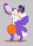  5_fingers abs absurd_res anthro balls big_balls big_bulge big_muscles big_penis black_hair bulge canid canine clothing fingers fist flexing fox fur genitals grey_background hair hi_res himbo_hooters holding_platter holding_tray hooters huge_balls huge_bulge huge_muscles huge_pecs huge_penis hyper hyper_balls hyper_bulge hyper_genitalia hyper_penis jockstrap kenjin long_hair looking_at_viewer male mammal mostly_nude muscular muscular_anthro muscular_male nipples notebook orange_eyes orange_jockstrap pencil_(object) penis pink_nipples platter purple_body purple_fur shirt shirt_too_small simple_background small_shirt solo sorez standing teeth topwear torn_clothing torn_shirt torn_topwear tray two_tone_tail underwear 