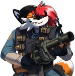  absurd_res anthro armor canid canine clothing demoman_(team_fortress_2) explosives eye_patch eyewear female fox grenade grenade_launcher grin headgear headwear hi_res mammal pepper_(sketchytoasty) ranged_weapon shirt simple_background sketchytoasty smile solo team_fortress_2 topwear uniform valve video_games weapon 
