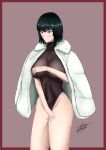  1girl absurdres artist_request bangs bob_cut coat dark_green_hair fubuki_(one-punch_man) green_eyes green_hair highres jacket lips one-punch_man solo straight_hair white_coat winter_clothes winter_coat 