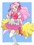  1girl :d boots commentary_request cure_yell double_bun earrings eyelashes hair_ornament hair_ribbon happy highres hugtto!_precure jewelry long_hair looking_at_viewer magical_girl midriff navel nono_hana open_mouth pink_eyes pink_footwear pink_hair pink_vest precure ribbon smile solo standing thighhighs thighs uraki vest white_legwear 