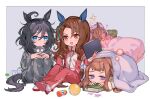  4girls ahoge alarm_clock animal_ears ball bangs bed black_hair blue_eyes book border bottle brown_hair clipboard clock commentary_request drooling eishin_flash_(umamusume) holding holding_clipboard horse_ears horse_girl horse_tail king_halo_(umamusume) long_hair looking_at_viewer medium_hair mouth_drool multiple_girls open_mouth outside_border pajamas purple_eyes raised_eyebrows shoes sitting sleeping smart_falcon_(umamusume) sparkle sweep_tosho_(umamusume) tail track_suit umamusume under_covers white_border yoshida_(ne) 