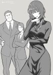  1girl 2boys absurdres artist_name artist_request bangs bob_cut dress facial_hair fubuki_(one-punch_man) goatee greyscale highres jewelry lips monochrome multiple_boys necklace one-punch_man short_hair signature simple_background 