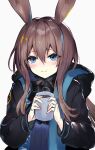  1girl absurdres amiya_(arknights) animal_ears arknights bangs black_jacket blue_eyes blush brown_hair closed_mouth cup diieru eyebrows_visible_through_hair grey_background hair_between_eyes highres holding holding_cup hood hood_down hooded_jacket jacket long_hair long_sleeves looking_at_viewer mug open_clothes open_jacket puffy_long_sleeves puffy_sleeves rabbit_ears simple_background smile solo upper_body 