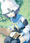  1girl animal_ears bento blue_archive blue_eyes blue_hair blue_sailor_collar blue_serafuku blue_skirt breasts chopsticks dutch_angle fake_animal_ears feet_out_of_frame grass helmet highres holding holding_chopsticks knee_pads light_blush long_sleeves looking_at_viewer military_helmet neckerchief open_mouth outdoors pleated_skirt pouch rabbit_ears rice sailor_collar saki_(blue_archive) school_uniform serafuku short_hair sitting skirt solo stahlhelm sweatdrop two-tone_skirt wasabi60 white_headwear white_skirt yellow_neckerchief 